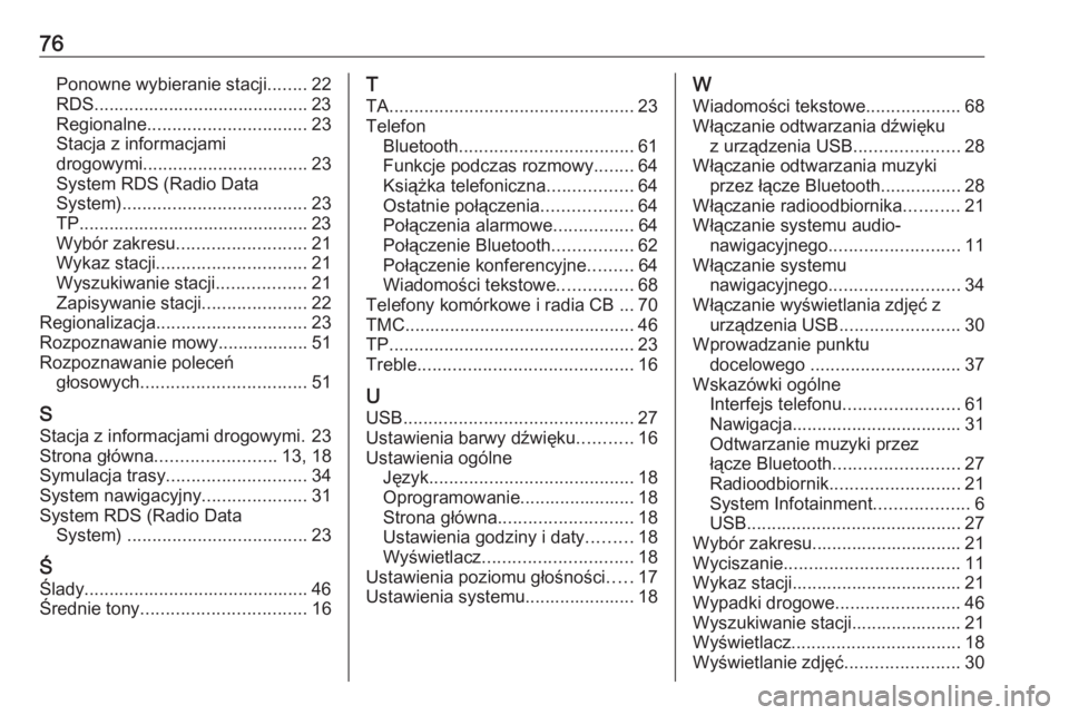 OPEL ZAFIRA C 2017.5 Instrukcja obsługi systemu audio-nawigacyjnego (in Polish) 76Ponowne wybieranie stacji........22
RDS........................................... 23 Regionalne ................................ 23
Stacja z informacjami
drogowymi ................................. OPEL ZAFIRA C 2017.5 Instrukcja obsługi systemu audio-nawigacyjnego (in Polish) 76Ponowne wybieranie stacji........22
RDS........................................... 23 Regionalne ................................ 23
Stacja z informacjami
drogowymi .................................