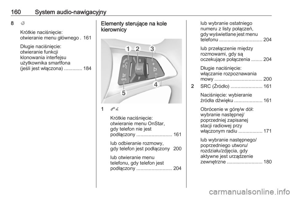 OPEL ZAFIRA C 2018  Instrukcja obsługi (in Polish) 160System audio-nawigacyjny8;
Krótkie naciśnięcie:
otwieranie menu głównego . 161
Długie naciśnięcie:
otwieranie funkcji
klonowania interfejsu
użytkownika smartfona
(jeśli jest włączona) .