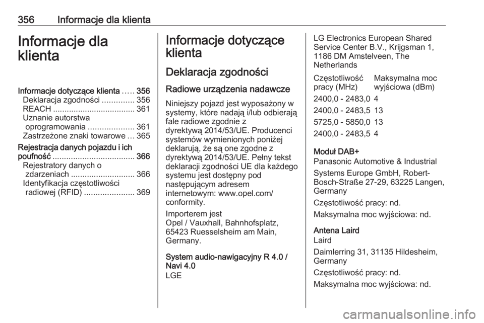 OPEL ZAFIRA C 2018.5 Instrukcja obsługi (in Polish) 356Informacje dla klientaInformacje dla
klientaInformacje dotyczące klienta .....356
Deklaracja zgodności ..............356
REACH .................................... 361
Uznanie autorstwa oprogramo OPEL ZAFIRA C 2018.5 Instrukcja obsługi (in Polish) 356Informacje dla klientaInformacje dla
klientaInformacje dotyczące klienta .....356
Deklaracja zgodności ..............356
REACH .................................... 361
Uznanie autorstwa oprogramo