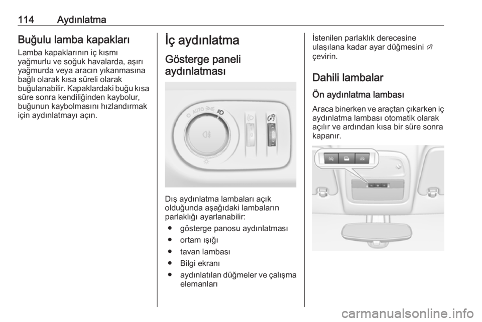 OPEL ADAM 2017.5  Sürücü El Kitabı (in Turkish) 114AydınlatmaBuğulu lamba kapakları
Lamba kapaklarının iç kısmı
yağmurlu ve soğuk havalarda, aşırı
yağmurda veya aracın yıkanmasına
bağlı olarak kısa süreli olarak
buğulanabilir.
