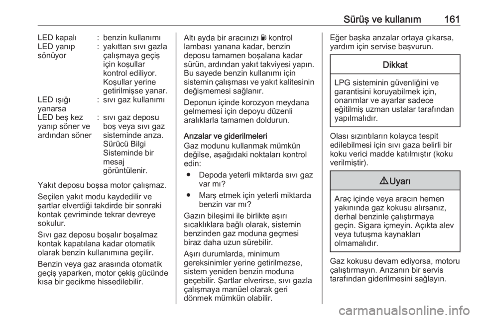 OPEL ADAM 2017.5 Sürücü El Kitabı (in Turkish) Sürüş ve kullanım161LED kapalı:benzin kullanımıLED yanıp
sönüyor:yakıttan sıvı gazla
çalışmaya geçiş
için koşullar
kontrol ediliyor.
Koşullar yerine
getirilmişse yanar.LED ışı OPEL ADAM 2017.5 Sürücü El Kitabı (in Turkish) Sürüş ve kullanım161LED kapalı:benzin kullanımıLED yanıp
sönüyor:yakıttan sıvı gazla
çalışmaya geçiş
için koşullar
kontrol ediliyor.
Koşullar yerine
getirilmişse yanar.LED ışı