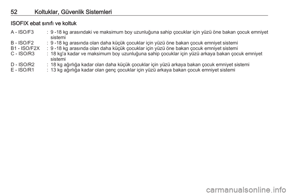 OPEL ADAM 2017.5  Sürücü El Kitabı (in Turkish) 52Koltuklar, Güvenlik SistemleriISOFIX ebat sınıfı ve koltukA - ISO/F3:9 -18 kg arasındaki ve maksimum boy uzunluğuna sahip çocuklar için yüzü öne bakan çocuk emniyetsistemiB - ISO/F2:9 -1