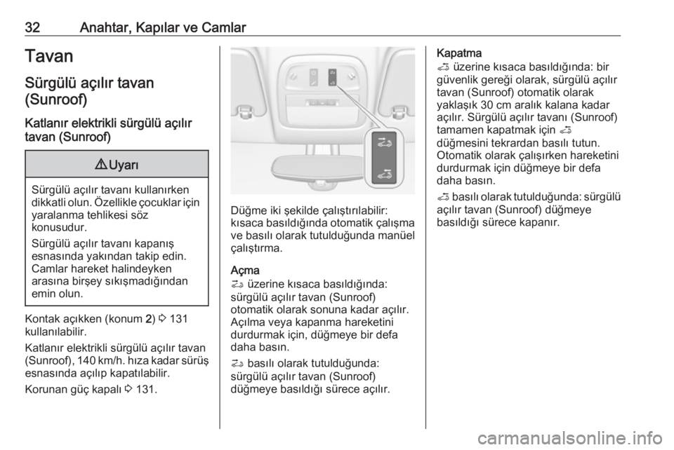 OPEL ADAM 2018.5  Sürücü El Kitabı (in Turkish) 32Anahtar, Kapılar ve CamlarTavanSürgülü açılır tavan(Sunroof)
Katlanır elektrikli sürgülü açılır
tavan (Sunroof)9 Uyarı
Sürgülü açılır tavanı kullanırken
dikkatli olun. Özelli