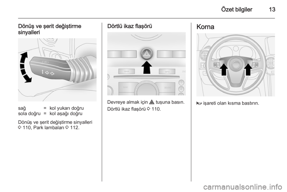 OPEL ANTARA 2014.5  Sürücü El Kitabı (in Turkish) Özet bilgiler13
Dönüş ve şerit değiştirme
sinyallerisağ=kol yukarı doğrusola doğru=kol aşağı doğru
Dönüş ve şerit değiştirme sinyalleri
3  110, Park lambaları  3 112.
Dörtlü ik