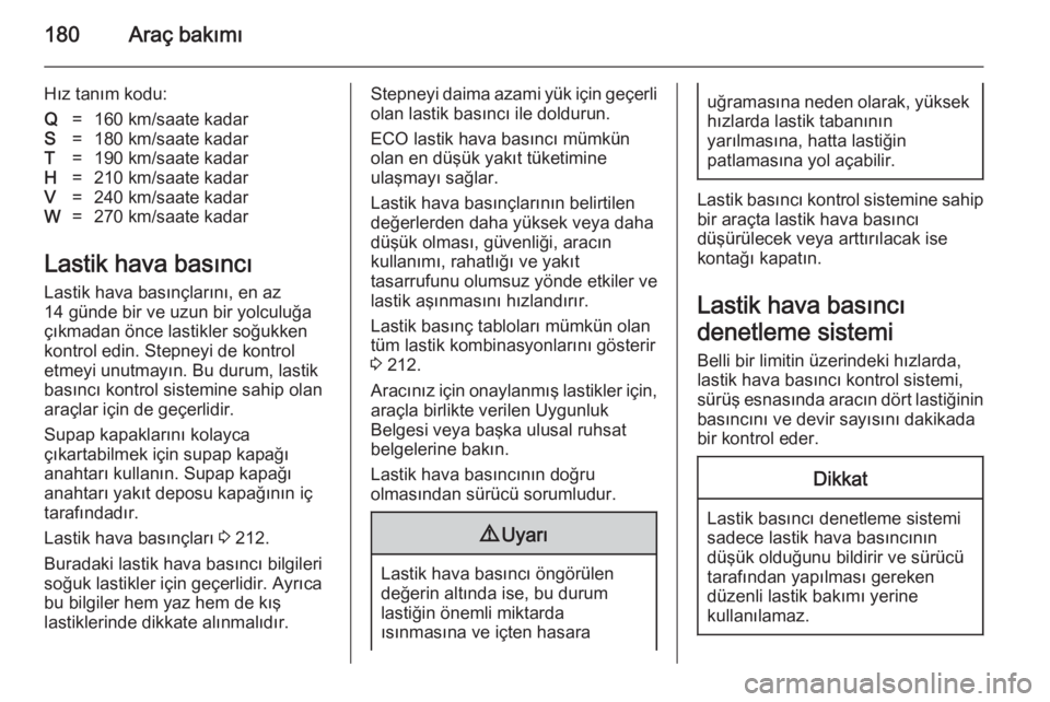 OPEL ANTARA 2014.5 Sürücü El Kitabı (in Turkish) 180Araç bakımı
Hız tanım kodu:Q=160 km/saate kadarS=180 km/saate kadarT=190 km/saate kadarH=210 km/saate kadarV=240 km/saate kadarW=270 km/saate kadar
Lastik hava basıncı
Lastik hava basınçla OPEL ANTARA 2014.5 Sürücü El Kitabı (in Turkish) 180Araç bakımı
Hız tanım kodu:Q=160 km/saate kadarS=180 km/saate kadarT=190 km/saate kadarH=210 km/saate kadarV=240 km/saate kadarW=270 km/saate kadar
Lastik hava basıncı
Lastik hava basınçla