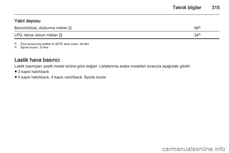 OPEL ASTRA J 2015.5  Sürücü El Kitabı (in Turkish) Teknik bilgiler315
Yakıt deposuBenzinli/dizel, doldurma miktarı [l]568)LPG, tekrar dolum miktarı [l]349)8)
Özel donanımla birlikte A13DTE dizel motor: 46 litre.
9) Sports tourer: 33 litre.
Lastik