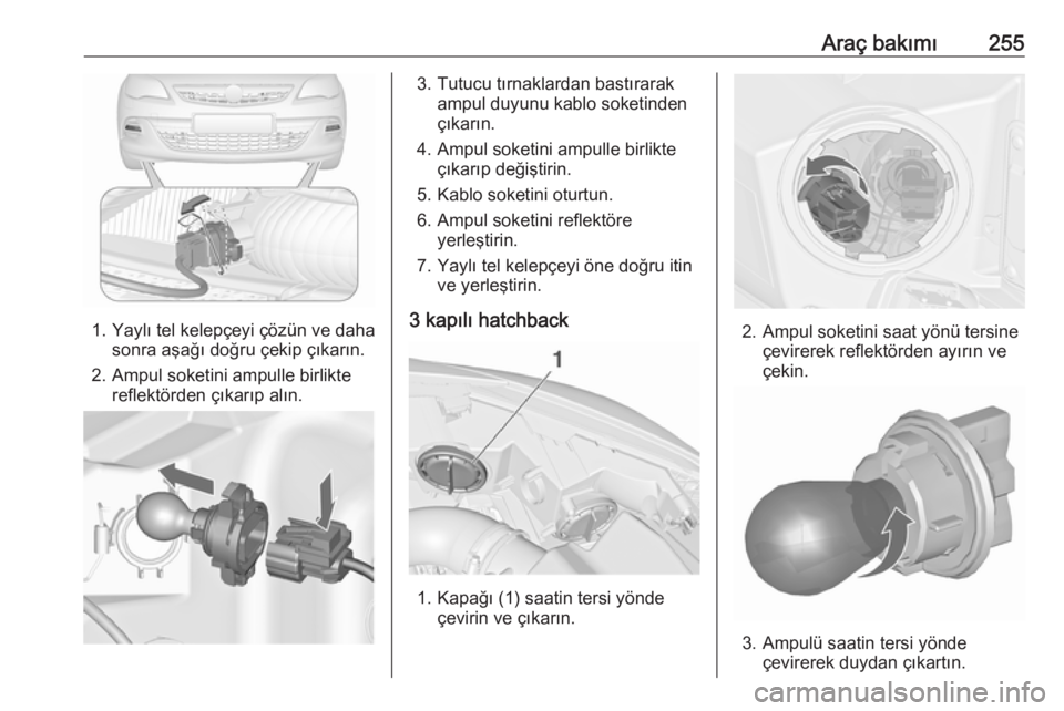 OPEL ASTRA J 2016.5  Sürücü El Kitabı (in Turkish) Araç bakımı255
1. Yaylı tel kelepçeyi çözün ve dahasonra aşağı doğru çekip çıkarın.
2. Ampul soketini ampulle birlikte reflektörden çıkarıp alın.
3. Tutucu tırnaklardan bastırar
