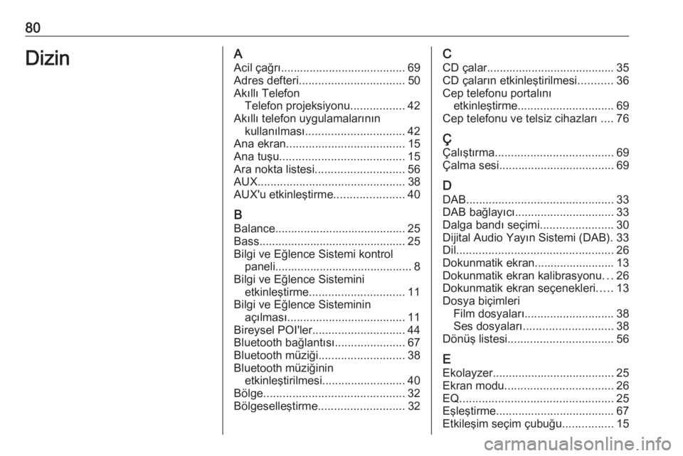 OPEL ASTRA K 2016  Bilgi ve Eğlence Sistemi Kılavuzu (in Turkish) 80DizinAAcil çağrı ....................................... 69
Adres defteri ................................. 50
Akıllı Telefon Telefon projeksiyonu .................42
Akıllı telefon uygulamal