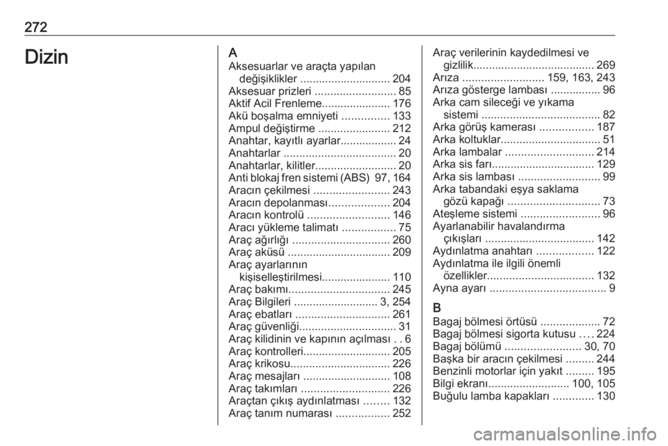 OPEL ASTRA K 2016  Sürücü El Kitabı (in Turkish) 272DizinAAksesuarlar ve araçta yapılan değişiklikler ............................. 204
Aksesuar prizleri  ..........................85
Aktif Acil Frenleme...................... 176
Akü boşalma e