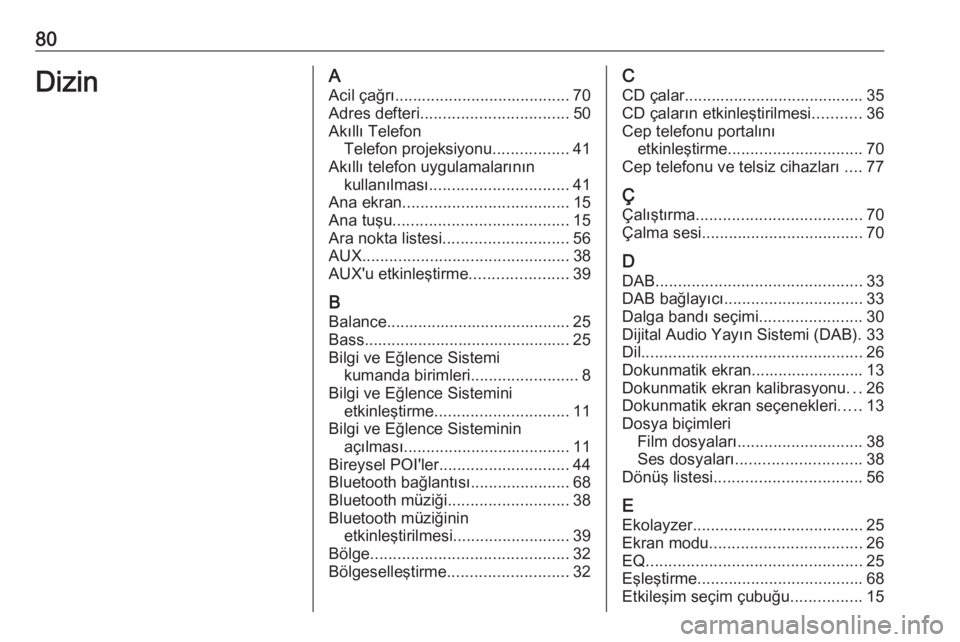 OPEL ASTRA K 2016.5  Bilgi ve Eğlence Sistemi Kılavuzu (in Turkish) 80DizinAAcil çağrı ....................................... 70
Adres defteri ................................. 50
Akıllı Telefon Telefon projeksiyonu .................41
Akıllı telefon uygulamal