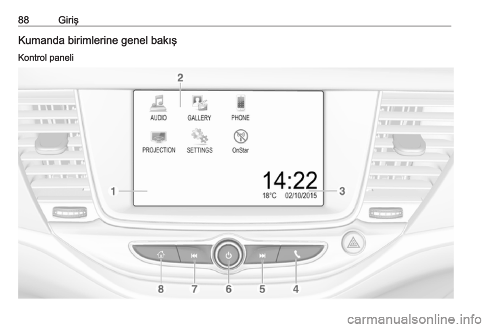 OPEL ASTRA K 2016.5 Bilgi ve Eğlence Sistemi Kılavuzu (in Turkish) 88GirişKumanda birimlerine genel bakışKontrol paneli OPEL ASTRA K 2016.5 Bilgi ve Eğlence Sistemi Kılavuzu (in Turkish) 88GirişKumanda birimlerine genel bakışKontrol paneli