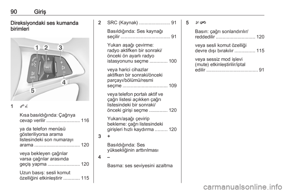 OPEL ASTRA K 2016.5 Bilgi ve Eğlence Sistemi Kılavuzu (in Turkish) 90GirişDireksiyondaki ses kumanda
birimleri
1 qw
Kısa basıldığında: Çağrıya
cevap verilir ......................... 116
ya da telefon menüsü
gösteriliyorsa arama
listesindeki son numarayı OPEL ASTRA K 2016.5 Bilgi ve Eğlence Sistemi Kılavuzu (in Turkish) 90GirişDireksiyondaki ses kumanda
birimleri
1 qw
Kısa basıldığında: Çağrıya
cevap verilir ......................... 116
ya da telefon menüsü
gösteriliyorsa arama
listesindeki son numarayı