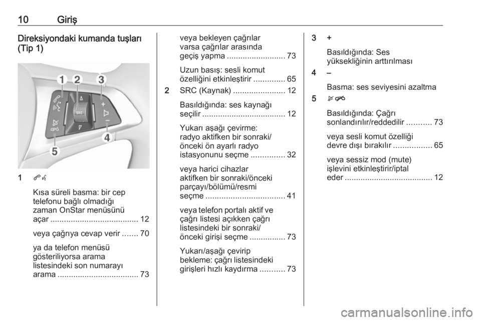 OPEL ASTRA K 2017 Bilgi ve Eğlence Sistemi Kılavuzu (in Turkish) 10GirişDireksiyondaki kumanda tuşları(Tip 1)
1 qw
Kısa süreli basma: bir cep
telefonu bağlı olmadığı
zaman OnStar menüsünü
açar ....................................... 12
veya çağrıya OPEL ASTRA K 2017 Bilgi ve Eğlence Sistemi Kılavuzu (in Turkish) 10GirişDireksiyondaki kumanda tuşları(Tip 1)
1 qw
Kısa süreli basma: bir cep
telefonu bağlı olmadığı
zaman OnStar menüsünü
açar ....................................... 12
veya çağrıya