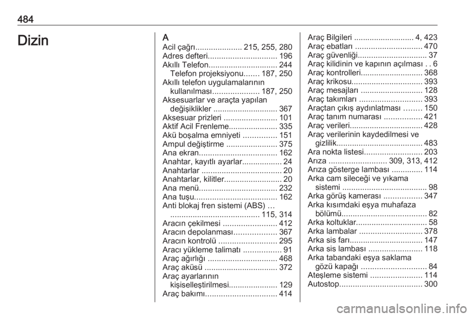 OPEL ASTRA K 2017.5  Sürücü El Kitabı (in Turkish) 484DizinAAcil çağrı ..................... 215, 255, 280
Adres defteri ............................... 196
Akıllı Telefon ............................... 244
Telefon projeksiyonu .......187, 250
A