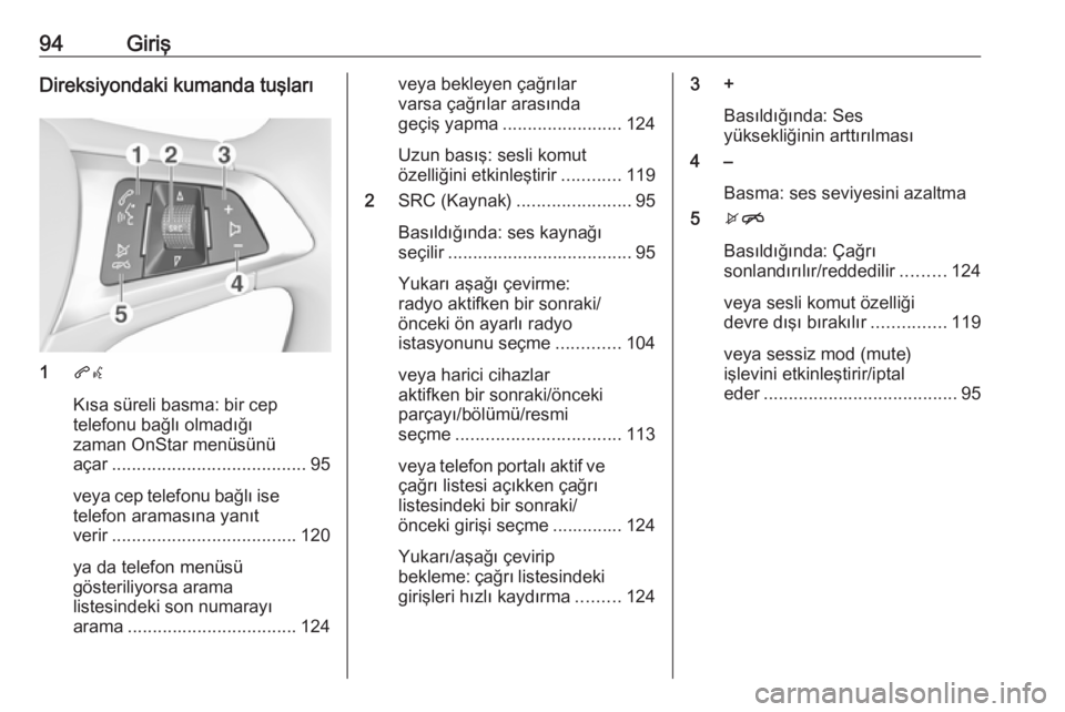 OPEL ASTRA K 2018 Bilgi ve Eğlence Sistemi Kılavuzu (in Turkish) 94GirişDireksiyondaki kumanda tuşları
1qw
Kısa süreli basma: bir cep
telefonu bağlı olmadığı
zaman OnStar menüsünü
açar ....................................... 95
veya cep telefonu bağl OPEL ASTRA K 2018 Bilgi ve Eğlence Sistemi Kılavuzu (in Turkish) 94GirişDireksiyondaki kumanda tuşları
1qw
Kısa süreli basma: bir cep
telefonu bağlı olmadığı
zaman OnStar menüsünü
açar ....................................... 95
veya cep telefonu bağl