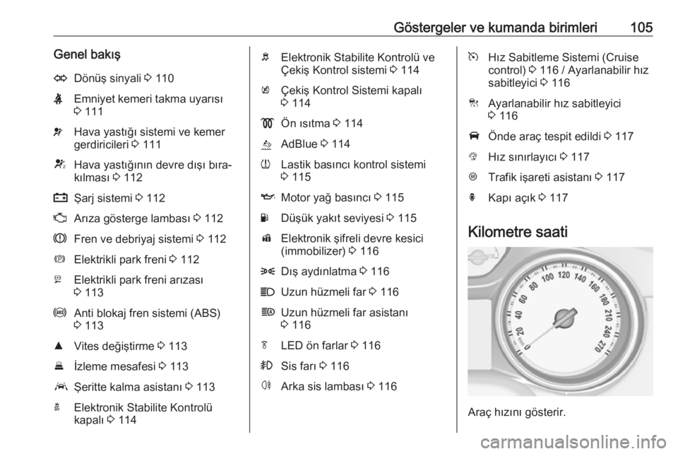 OPEL ASTRA K 2018.75  Sürücü El Kitabı (in Turkish) Göstergeler ve kumanda birimleri105Genel bakışODönüş sinyali 3 110XEmniyet kemeri takma uyarısı
3  111vHava yastığı sistemi ve kemer
gerdiricileri  3 111VHava yastığının devre dışı b