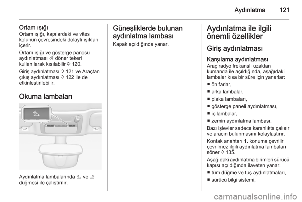 OPEL CASCADA 2014.5  Sürücü El Kitabı (in Turkish) Aydınlatma121
Ortam ışığıOrtam ışığı, kapılardaki ve vites
kolunun çevresindeki dolaylı ışıkları
içerir.
Ortam ışığı ve gösterge panosu
aydınlatması  A döner tekeri
kullan�