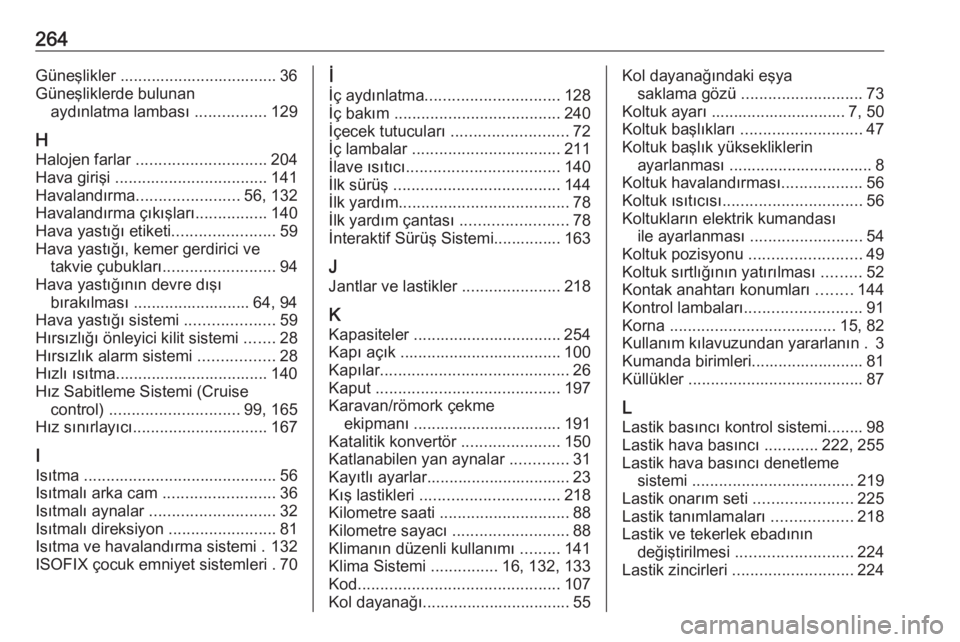 OPEL CASCADA 2016  Sürücü El Kitabı (in Turkish) 264Güneşlikler ................................... 36
Güneşliklerde bulunan aydınlatma lambası  ................129
H
Halojen farlar  ............................. 204
Hava girişi  ............