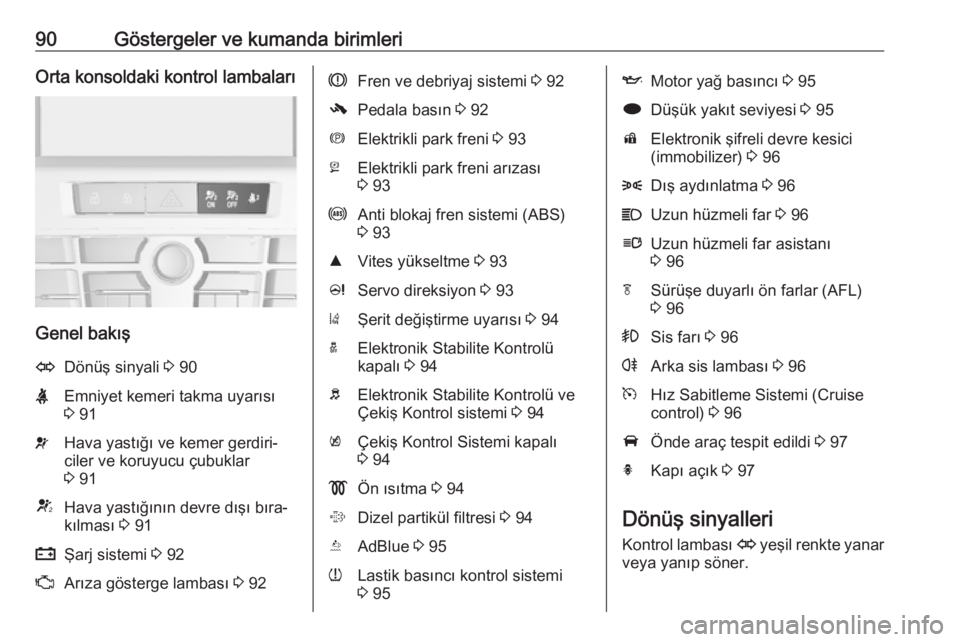 OPEL CASCADA 2018  Sürücü El Kitabı (in Turkish) 90Göstergeler ve kumanda birimleriOrta konsoldaki kontrol lambaları
Genel bakış
ODönüş sinyali 3 90XEmniyet kemeri takma uyarısı
3  91vHava yastığı ve kemer gerdiri‐
ciler ve koruyucu ç