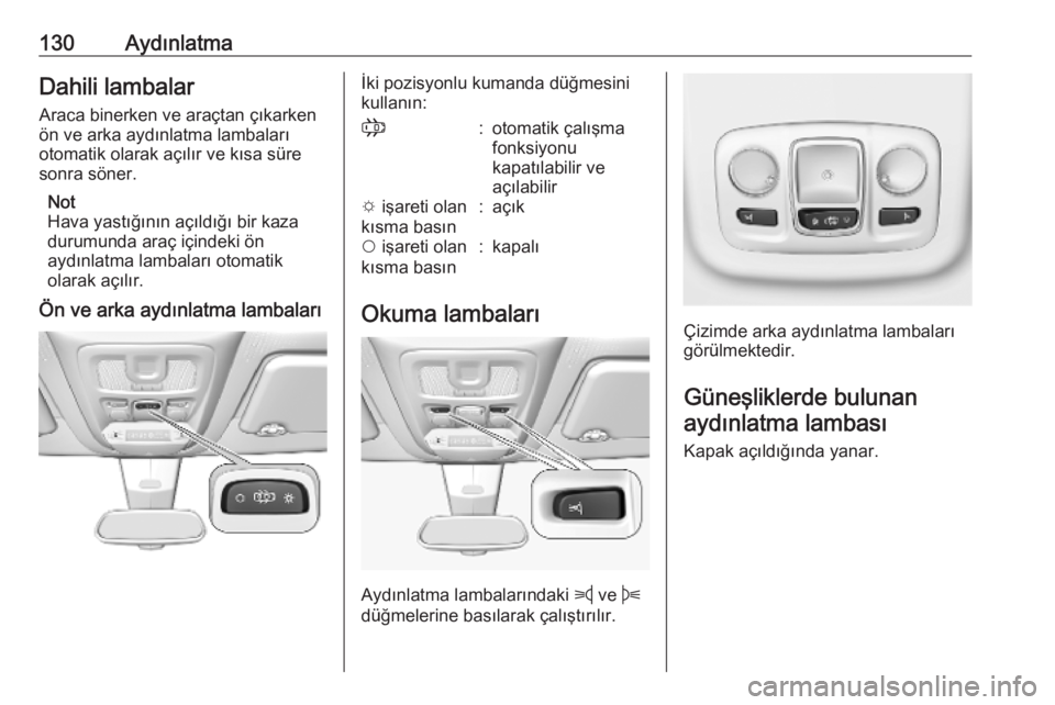 OPEL COMBO E 2019.75 Sürücü El Kitabı (in Turkish) 130AydınlatmaDahili lambalar
Araca binerken ve araçtan çıkarken
ön ve arka aydınlatma lambaları
otomatik olarak açılır ve kısa süre
sonra söner.
Not
Hava yastığının açıldığı bir OPEL COMBO E 2019.75 Sürücü El Kitabı (in Turkish) 130AydınlatmaDahili lambalar
Araca binerken ve araçtan çıkarken
ön ve arka aydınlatma lambaları
otomatik olarak açılır ve kısa süre
sonra söner.
Not
Hava yastığının açıldığı bir