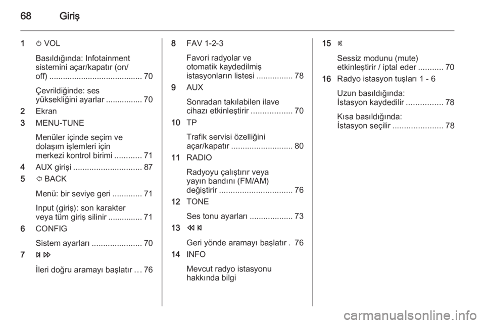 OPEL KARL 2016.5  Bilgi ve Eğlence Sistemi Kılavuzu (in Turkish) 68Giriş
1m VOL
Basıldığında: Infotainment
sistemini açar/kapatır (on/
off) ......................................... 70
Çevrildiğinde: ses
yüksekliğini ayarlar ................ 70
2 Ekran
3