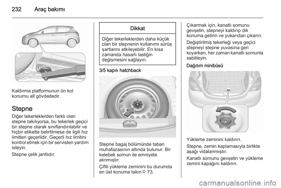 OPEL CORSA 2015.75  Sürücü El Kitabı (in Turkish) 232Araç bakımı
Kaldırma platformunun ön kol
konumu alt gövdededir.
Stepne Diğer tekerleklerden farklı olan
stepne takılıyorsa, bu tekerlek geçici
bir stepne olarak sınıflandırılabilir v