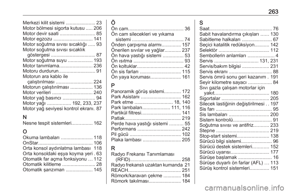 OPEL CROSSLAND X 2018.5  Sürücü El Kitabı (in Turkish) 263Merkezi kilit sistemi ...................... 23
Motor bölmesi sigorta kutusu ..... 206
Motor devir saati  ..........................85
Motor egzozu  ............................. 141
Motor soğutm