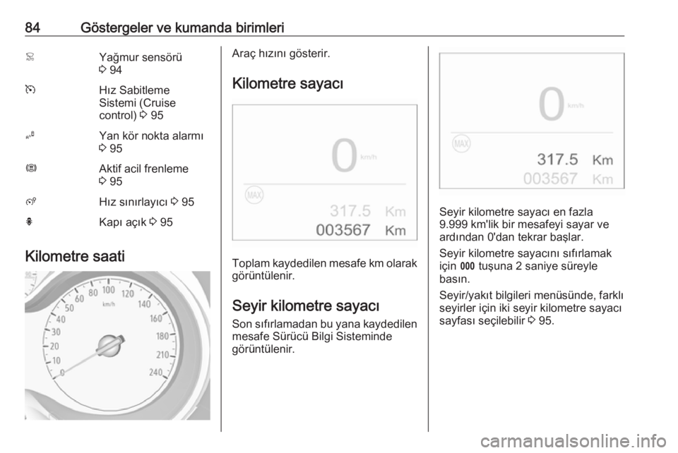 OPEL CROSSLAND X 2019  Sürücü El Kitabı (in Turkish) 84Göstergeler ve kumanda birimleri<Yağmur sensörü
3  94mHız Sabitleme
Sistemi (Cruise
control)  3 95BYan kör nokta alarmı
3  95ØAktif acil frenleme
3  95ßHız sınırlayıcı  3 95hKapı aç�