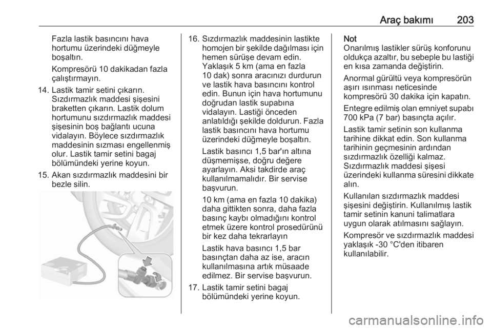 OPEL CROSSLAND X 2019.75  Sürücü El Kitabı (in Turkish) Araç bakımı203Fazla lastik basıncını hava
hortumu üzerindeki düğmeyle
boşaltın.
Kompresörü 10 dakikadan fazla
çalıştırmayın.
14. Lastik tamir setini çıkarın. Sızdırmazlık madde