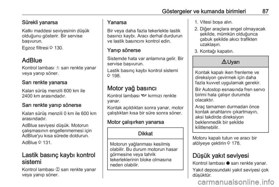 OPEL CROSSLAND X 2019.75  Sürücü El Kitabı (in Turkish) Göstergeler ve kumanda birimleri87Sürekli yanarsaKatkı maddesi seviyesinin düşük
olduğunu gösterir. Bir servise
başvurun.
Egzoz filtresi  3 130.
AdBlue Kontrol lambası  Y sarı renkte yanar
