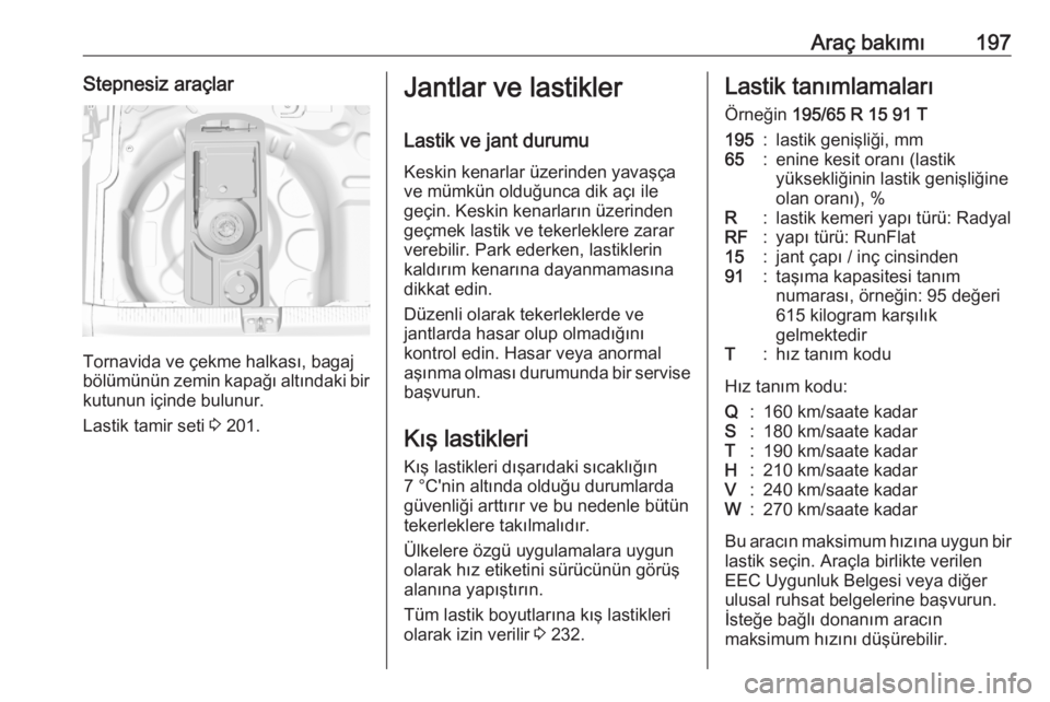 OPEL CROSSLAND X 2020  Sürücü El Kitabı (in Turkish) Araç bakımı197Stepnesiz araçlar
Tornavida ve çekme halkası, bagaj
bölümünün zemin kapağı altındaki bir kutunun içinde bulunur.
Lastik tamir seti  3 201.
Jantlar ve lastikler
Lastik ve ja