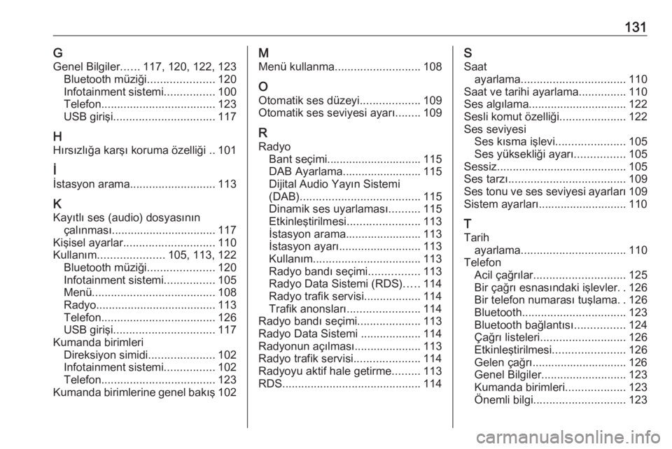 OPEL GRANDLAND X 2018.5  Bilgi ve Eğlence Sistemi Kılavuzu (in Turkish) 131GGenel Bilgiler ......117, 120, 122, 123
Bluetooth müziği .....................120
Infotainment sistemi ................100
Telefon .................................... 123
USB girişi ..........