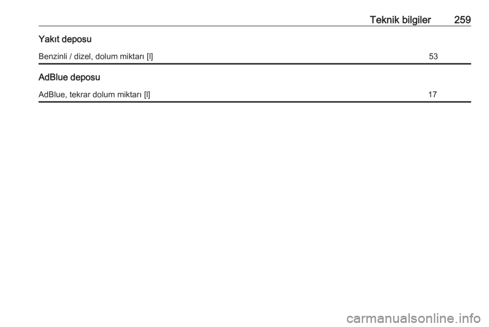 OPEL GRANDLAND X 2018.5  Sürücü El Kitabı (in Turkish) Teknik bilgiler259Yakıt deposuBenzinli / dizel, dolum miktarı [l]53
AdBlue deposu
AdBlue, tekrar dolum miktarı [l]17 