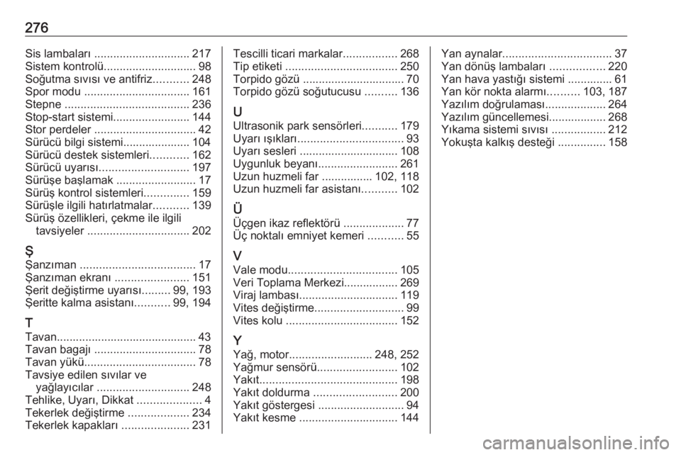 OPEL GRANDLAND X 2018.5  Sürücü El Kitabı (in Turkish) 276Sis lambaları .............................. 217
Sistem kontrolü ............................. 98
Soğutma sıvısı ve antifriz ...........248
Spor modu  ................................. 161
St