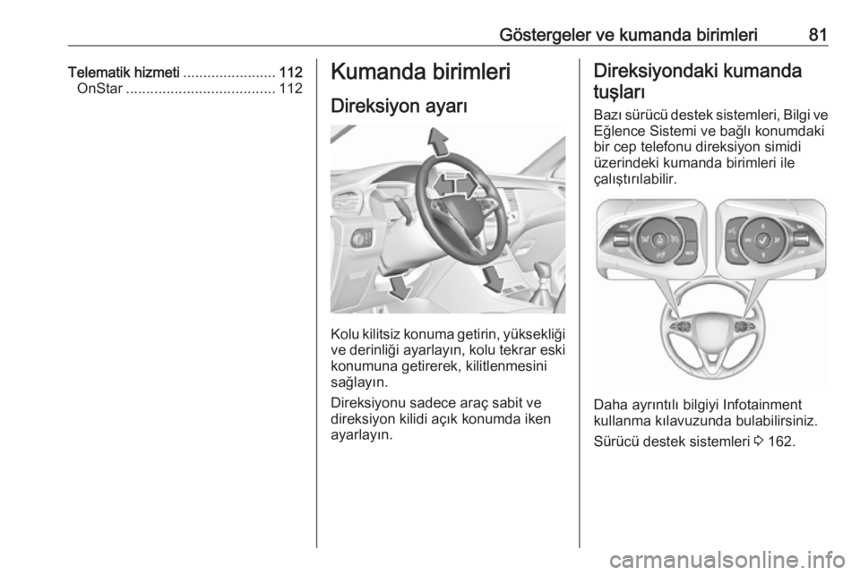 OPEL GRANDLAND X 2018.5  Sürücü El Kitabı (in Turkish) Göstergeler ve kumanda birimleri81Telematik hizmeti.......................112
OnStar ..................................... 112Kumanda birimleri
Direksiyon ayarı
Kolu kilitsiz konuma getirin, yüksek
