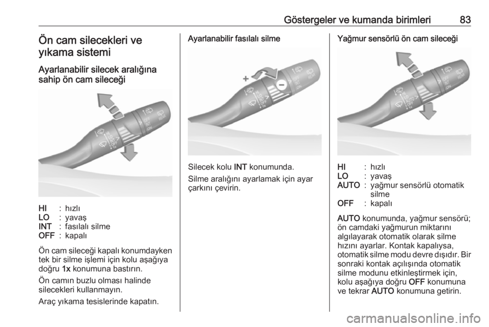 OPEL GRANDLAND X 2018.5  Sürücü El Kitabı (in Turkish) Göstergeler ve kumanda birimleri83Ön cam silecekleri veyıkama sistemi
Ayarlanabilir silecek aralığına
sahip ön cam sileceğiHI:hızlıLO:yavaşINT:fasılalı silmeOFF:kapalı
Ön cam sileceği 