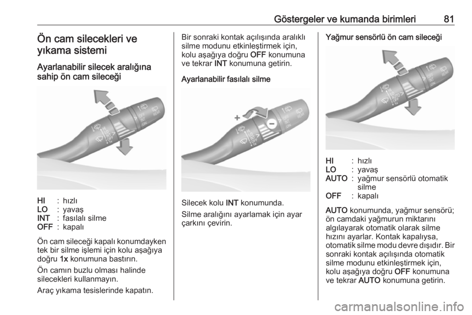 OPEL GRANDLAND X 2018.75  Sürücü El Kitabı (in Turkish) Göstergeler ve kumanda birimleri81Ön cam silecekleri veyıkama sistemi
Ayarlanabilir silecek aralığına
sahip ön cam sileceğiHI:hızlıLO:yavaşINT:fasılalı silmeOFF:kapalı
Ön cam sileceği 