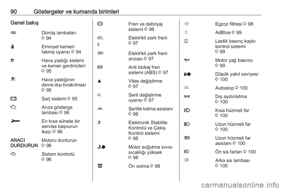 OPEL GRANDLAND X 2018.75  Sürücü El Kitabı (in Turkish) 90Göstergeler ve kumanda birimleriGenel bakışODönüş lambaları
3  94XEmniyet kemeri
takma uyarısı  3 94vHava yastığı sistemi
ve kemer gerdiricileri
3  95VHava yastığının
devre dışı b