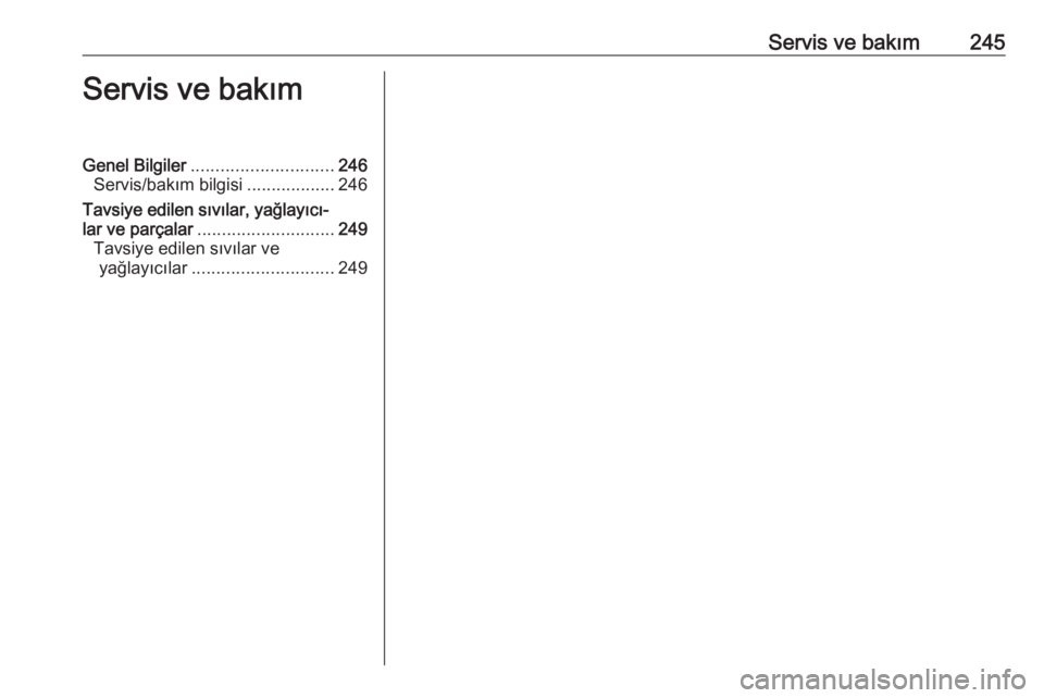 OPEL GRANDLAND X 2019  Sürücü El Kitabı (in Turkish) Servis ve bakım245Servis ve bakımGenel Bilgiler............................. 246
Servis/bakım bilgisi ..................246
Tavsiye edilen sıvılar, yağlayıcı‐ lar ve parçalar ..............