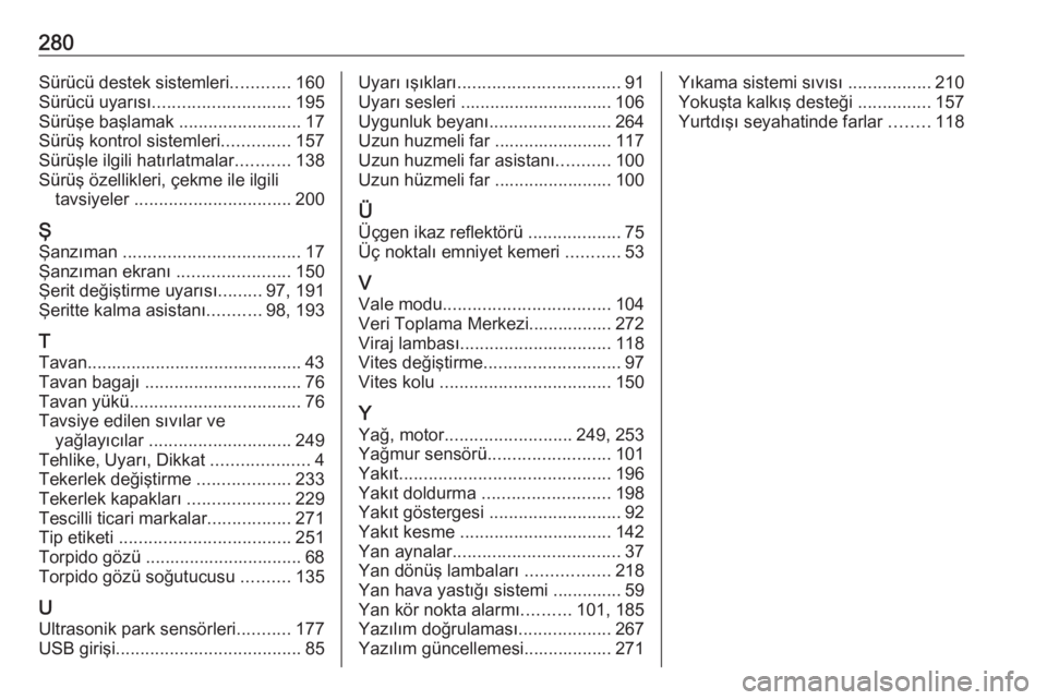 OPEL GRANDLAND X 2019  Sürücü El Kitabı (in Turkish) 280Sürücü destek sistemleri............160
Sürücü uyarısı ............................ 195
Sürüşe başlamak  .........................17
Sürüş kontrol sistemleri ..............157
Sürü
