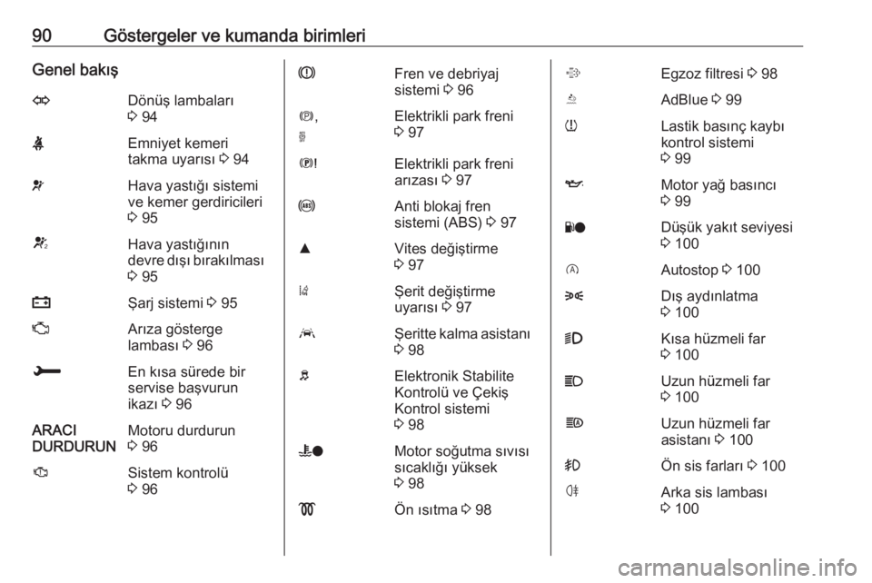 OPEL GRANDLAND X 2019  Sürücü El Kitabı (in Turkish) 90Göstergeler ve kumanda birimleriGenel bakışODönüş lambaları
3  94XEmniyet kemeri
takma uyarısı  3 94vHava yastığı sistemi
ve kemer gerdiricileri
3  95VHava yastığının
devre dışı b