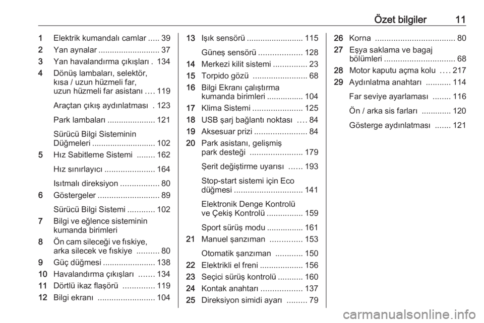 OPEL GRANDLAND X 2020  Sürücü El Kitabı (in Turkish) Özet bilgiler111Elektrik kumandalı camlar .....39
2 Yan aynalar ........................... 37
3 Yan havalandırma çıkışları . 134
4 Dönüş lambaları, selektör,
kısa / uzun hüzmeli far,
u