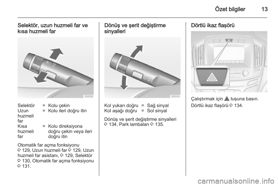OPEL INSIGNIA 2014  Sürücü El Kitabı (in Turkish) Özet bilgiler13
Selektör, uzun huzmeli far ve
kısa huzmeli farSelektör=Kolu çekinUzun
huzmeli
far=Kolu ileri doğru itinKısa
huzmeli
far=Kolu direksiyona
doğru çekin veya ileri
doğru itin
Oto