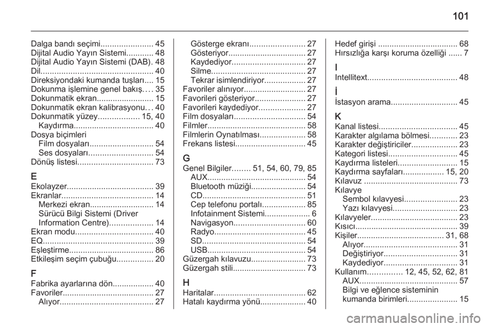OPEL INSIGNIA 2015.5  Bilgi ve Eğlence Sistemi Kılavuzu (in Turkish) 101
Dalga bandı seçimi.......................45
Dijital Audio Yayın Sistemi............ 48
Dijital Audio Yayın Sistemi (DAB). 48
Dil ................................................. 40
Direksiyon