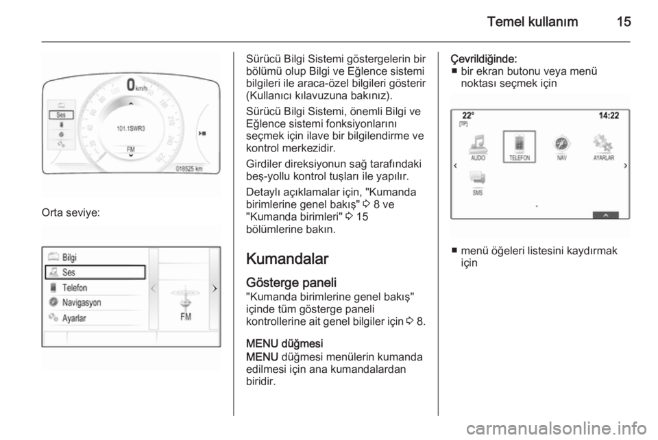 OPEL INSIGNIA 2015.5  Bilgi ve Eğlence Sistemi Kılavuzu (in Turkish) Temel kullanım15
Orta seviye:
Sürücü Bilgi Sistemi göstergelerin bir
bölümü olup Bilgi ve Eğlence sistemi
bilgileri ile araca-özel bilgileri gösterir
(Kullanıcı kılavuzuna bakınız).
S�