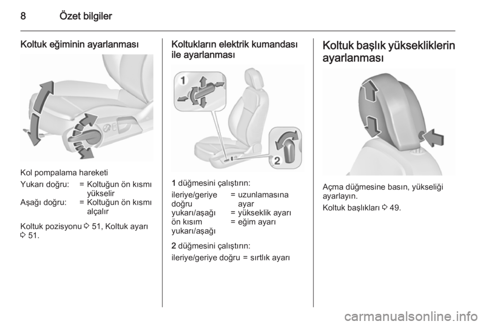 OPEL INSIGNIA 2015.5  Sürücü El Kitabı (in Turkish) 8Özet bilgiler
Koltuk eğiminin ayarlanması
Kol pompalama hareketi
Yukarı doğru:=Koltuğun ön kısmı
yükselirAşağı doğru:=Koltuğun ön kısmı
alçalır
Koltuk pozisyonu  3 51, Koltuk ayar