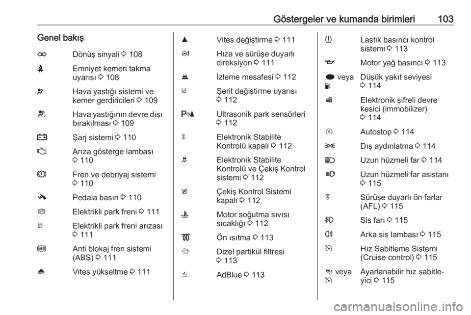 OPEL INSIGNIA 2016  Sürücü El Kitabı (in Turkish) Göstergeler ve kumanda birimleri103Genel bakışODönüş sinyali 3 108XEmniyet kemeri takma
uyarısı  3 108vHava yastığı sistemi ve
kemer gerdiricileri  3 109VHava yastığının devre dışı
b