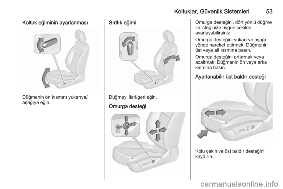 OPEL INSIGNIA 2016  Sürücü El Kitabı (in Turkish) Koltuklar, Güvenlik Sistemleri53Koltuk eğiminin ayarlanması
Düğmenin ön kısmını yukarıya/
aşağıya eğin.
Sırtlık eğimi
Düğmeyi ileri/geri eğin.
Omurga desteği
Omurga desteğini, d�