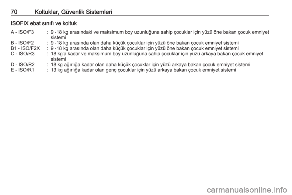 OPEL INSIGNIA 2016  Sürücü El Kitabı (in Turkish) 70Koltuklar, Güvenlik SistemleriISOFIX ebat sınıfı ve koltukA - ISO/F3:9 -18 kg arasındaki ve maksimum boy uzunluğuna sahip çocuklar için yüzü öne bakan çocuk emniyetsistemiB - ISO/F2:9 -1