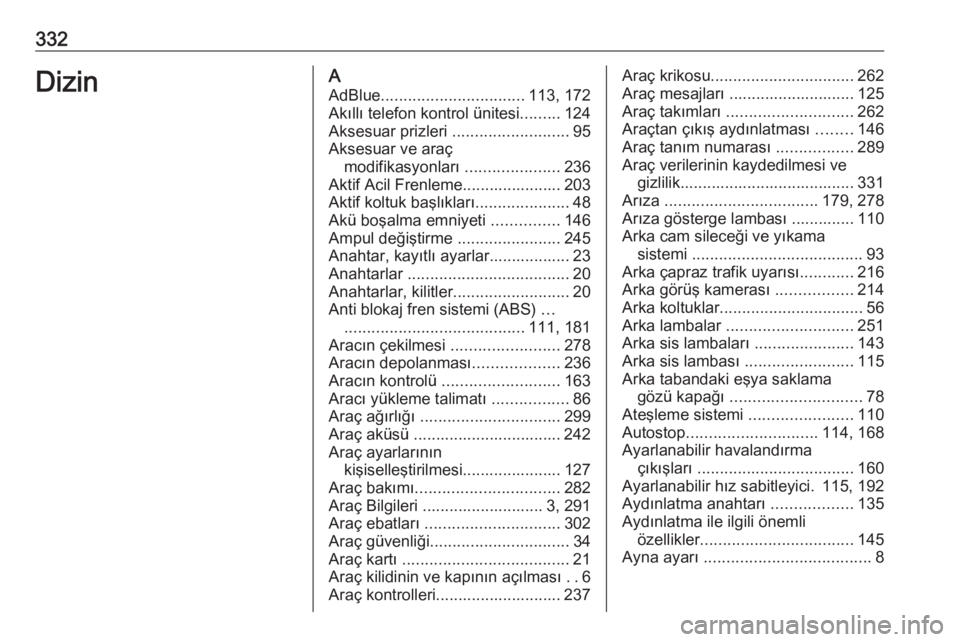 OPEL INSIGNIA 2016.5  Sürücü El Kitabı (in Turkish) 332DizinAAdBlue ................................ 113, 172
Akıllı telefon kontrol ünitesi .........124
Aksesuar prizleri  ..........................95
Aksesuar ve araç modifikasyonları  ..........